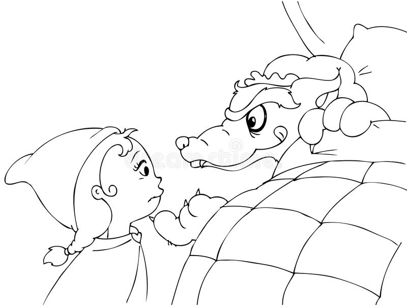 Coloring page wolf talking to a scared red riding hood